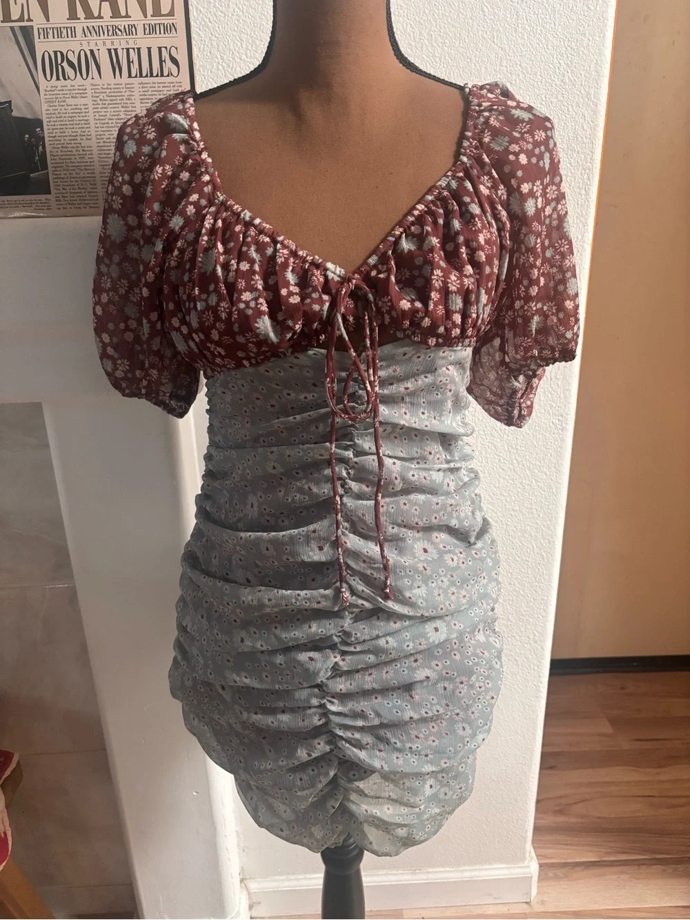 Free People Dress Women's Small Gray Brown Tessa Mini Storm Combo Floral SZ XS.